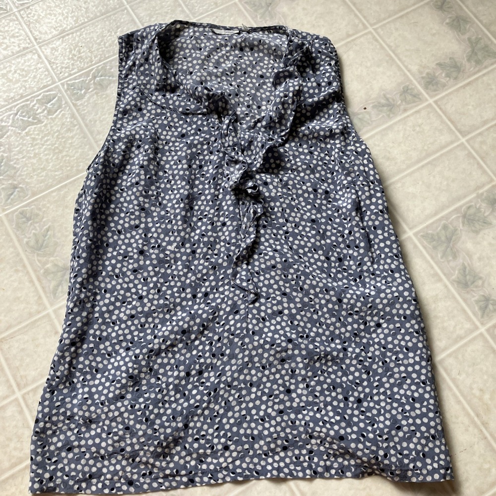 Halogen Size L Blue Dot Ruffle V Neck Sleeveless 100% Silk Side Zip Tank‎ Top